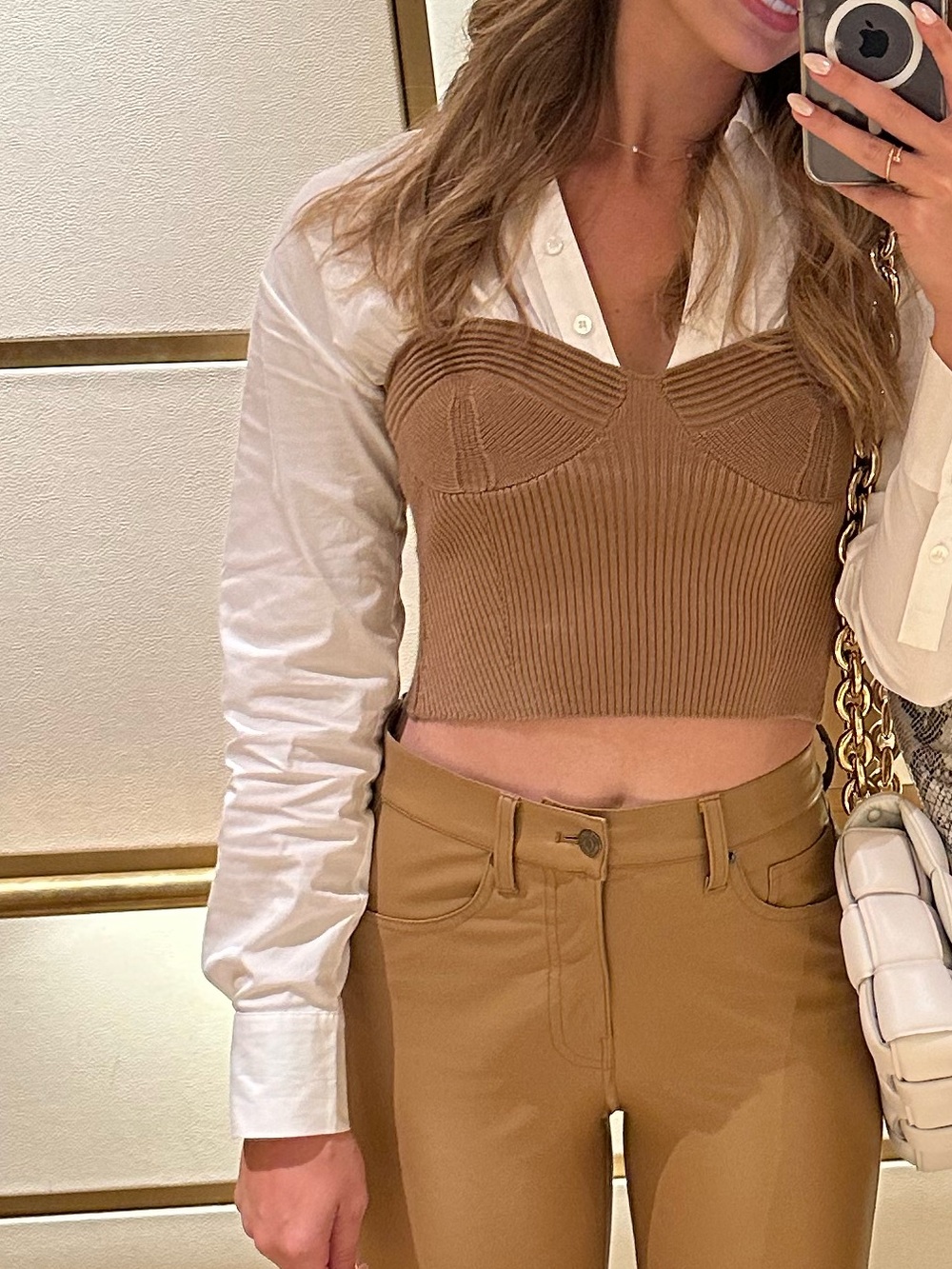 STAUD White Button-Down Shirt with Brown Knit Bustier Overlay